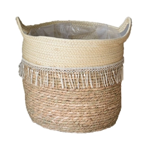 Extra large handwoven seagrass planter with white tassels and waterproof liner