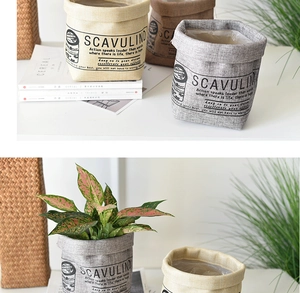 Detail showing Nordic fabric planter bag with waterproof PE lining and printed text