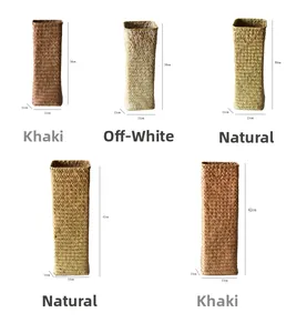 Detailed comparison of handmade rectangular straw vases in khaki and distressed white colors