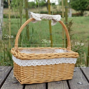 Detail of hand-woven wicker basket with elegant white lace trim and cozy crochet handle
