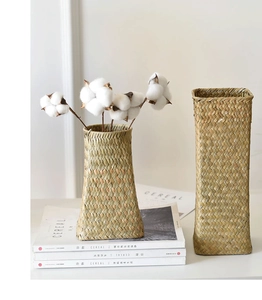 Handwoven natural grass flower vases in tall square and short round shapes with dry cotton