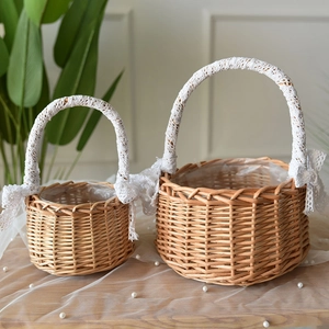 Handmade Woven Flower Basket Willow Wicker With Lace Bow Wedding Gift Basket For Flower Girl Party Rustic Home Decor