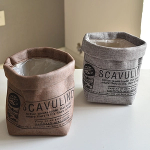 Brown and grey fabric flower pot covers with waterproof liner and stylish typography