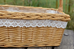 Close-up of handwoven wicker basket with white lace trim and waterproof lining detail