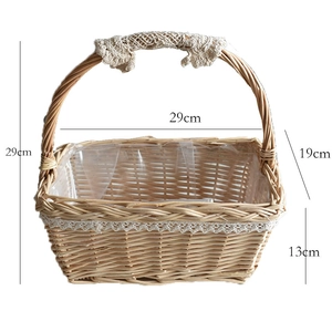 Detailed dimensions of rectangular wicker picnic basket with white lace trim and handles
