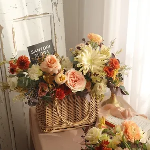 Handmade Rattan Woven Flower Basket Handheld Storage Bin With Lace Bow For Wedding Gift Photography Picnic Home Decoration