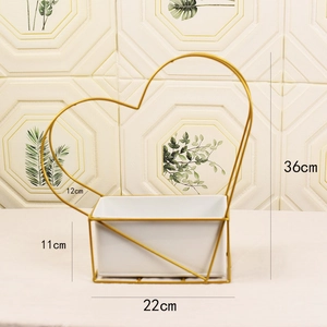 Golden heart-shaped iron flower basket stand with white container and size dimensions