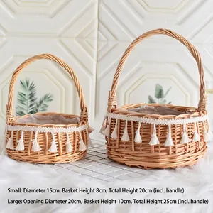 Set of 2 woven flower baskets with tassel fringe and waterproof liner for picnics