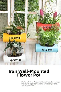 Detail of colorful wall-hanging iron flower pots with rustic hemp rope and Home logo