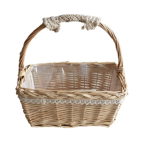 Handmade rectangle wicker picnic basket with decorative lace edge and a sturdy handle