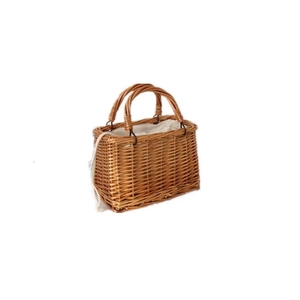 Handmade rectangular wicker handbag with dual handles and white drawstring linen liner