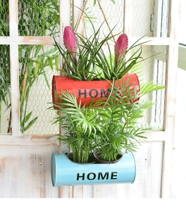 Vertical double metal planters with hemp rope and HOME text for wall hanging decoration