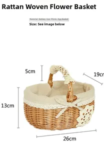 Detail of hand-woven wicker basket with lace lining and bow decoration 26x19x13cm