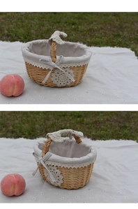 Detail of hand-woven wicker basket with lace cotton lining and crochet flower decoration