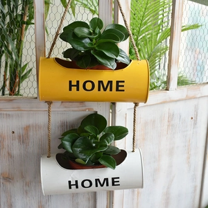 Nordic wall hanging metal planters with hemp rope and HOME text for home garden decor