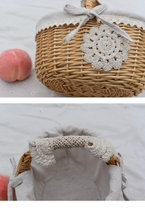 Detail of woven willow basket with white lace edges, linen lining and ribbon bow decor