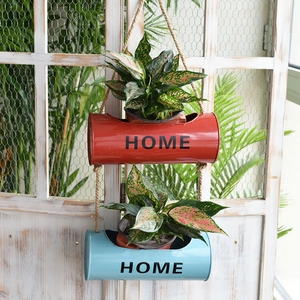 Hanging metal flower pots with rustic rope and HOME print for wall garden decoration