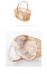 Detail view of woven bamboo flower basket with white lace decor and leakproof liner