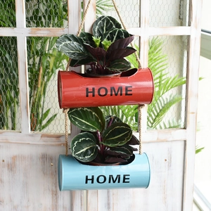 Vintage hanging metal flower pots in red and blue with hemp rope for wall decoration