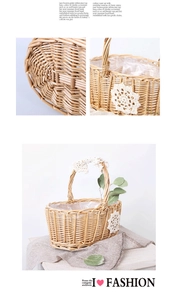 Detail view of handmade woven wicker basket with white lace flowers and plastic lining
