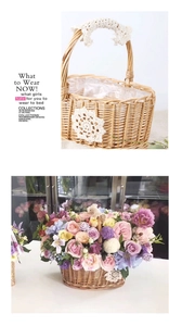 Detail of hand-woven wicker basket with lace trim and waterproof lining for floral gifts