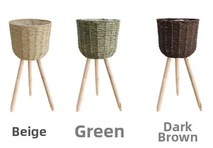 Detailed comparison of beige, green, and dark coffee woven plant pots with wooden legs