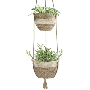 Handmade Seagrass Hanging Planter Basket Bohemian Woven Double Layer Plant Holder With Tassels For Indoor Outdoor Home Garden Decor