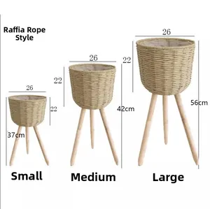 Size chart for woven raffia plant stands in small, medium, and large with height measurements