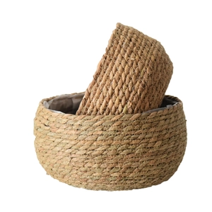 Nordic Hand Woven Plant Fiber Flower Pot With Waterproof Plastic Lining Natural Straw Basket For Succulent Potted Plants Home Office Decor