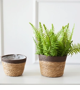 Detail of woven straw plant pot set with brown trim and waterproof plastic lining