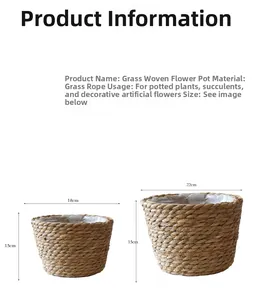 Size chart showing dimensions of straw woven flower pots in 18x15cm and 22x15cm variants