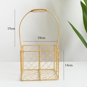 Detailed size view of round golden iron gift basket with mesh texture and measurements