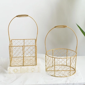 Golden iron wire gift baskets set with circular and square mesh designs for wedding favors