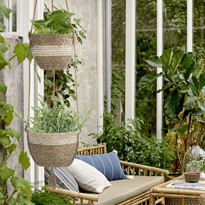 Handcrafted double-tier seagrass hanging planter baskets with tassels for indoor plants