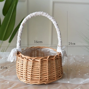 Handwoven willow flower basket with lace handle and plastic liner, 16x11x24 cm size