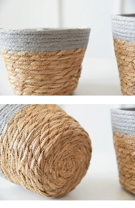 Detail of woven straw flower pot showing bicolor stitching and spiral reinforced base