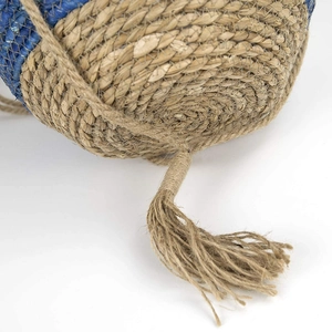 Handwoven natural seagrass hanging planter with blue accents and tassel details