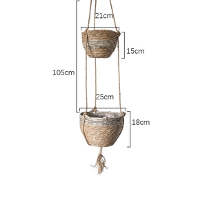 Detail of hanging seagrass baskets showing 105cm length and dual-tier planter dimensions