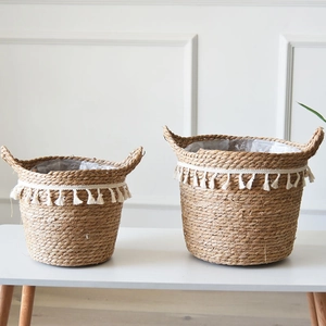 Nordic Tassel Woven Straw Flower Basket Handmade Seagrass Planter Pot Cover Boho Home Storage Basket With Handles Liner