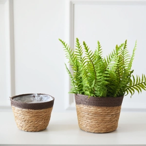 Nordic woven plant basket set with dual-tone natural fibers and waterproof plastic liner