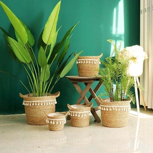 Set of Nordic woven seagrass plant baskets with white fringe and integrated handles