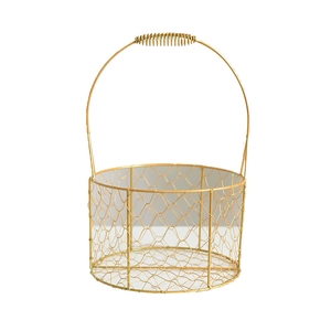 Minimalist gold round metal gift basket with a hexagonal wire mesh and portable handle