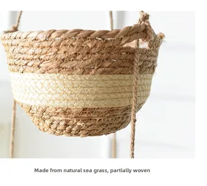 Detail of natural seagrass hanging basket with hand-woven texture and durable twine rope