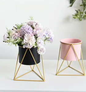 Detail of Nordic geometric metal plant stands in pink and black with gold tripod legs