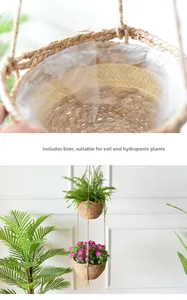 Detail of hanging seagrass planter with waterproof lining for soil or water plants