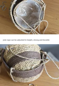 Detail of hand-woven seagrass planter with adjustable rope and waterproof inner lining