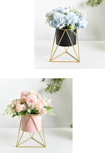 Modern Nordic style small pink and black metal succulent pots with golden geometric iron stands