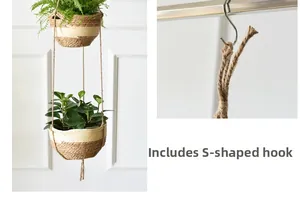 Detail of a two-tier seagrass hanging planter with natural jute rope and included S-hook