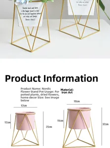 Detail view of pink metal planter with gold geometric stand showing size specifications