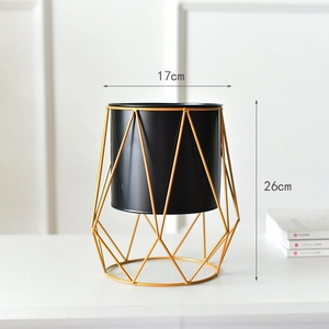 Detail view of modern geometric metal planter with 17cm diameter and 26cm height